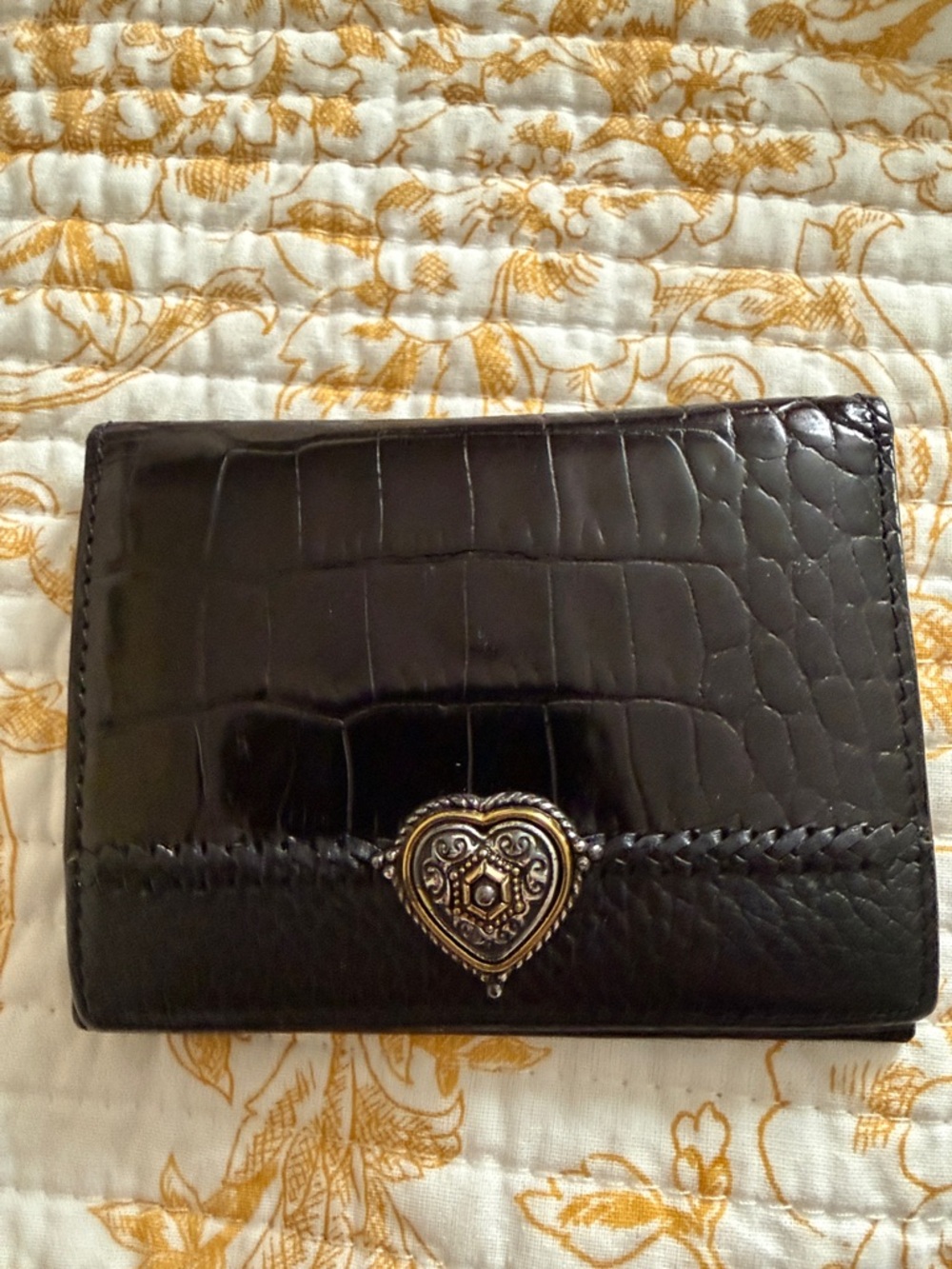Brighton Black Croc-Embossed Wallet with Decorative Heart Accent